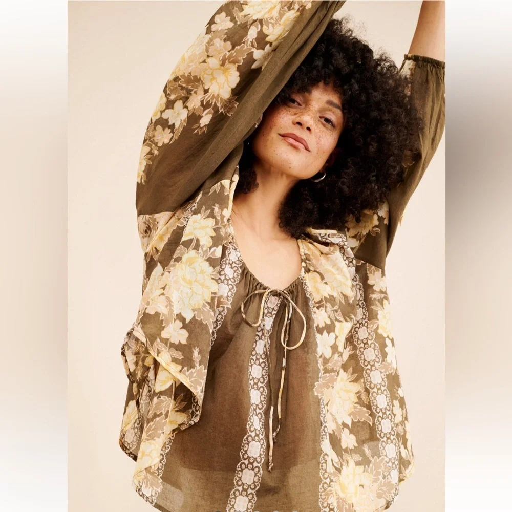 FREE PEOPLE NEW Elena printed billowy top -brown -medium - Picture 3 of 6